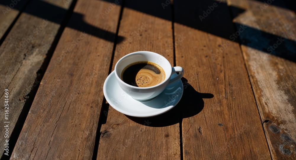 Aufkleber rustic table with a single coffee cup casting a shadow in the sunlight