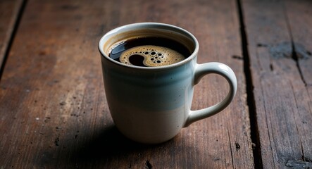 Simple ceramic mug on an old wooden table with coffee swirling inside