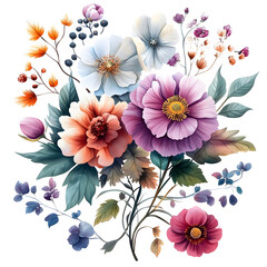 Nature, flowers, clipart watercolor painting of flower, symmetrical pattern, botanical print on white background, vintage style.QW-0564