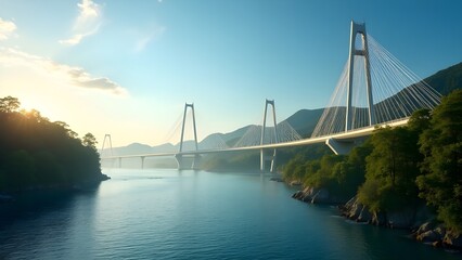 Obraz premium A long bridge stretching across a vast river, surrounded by dense greenery
