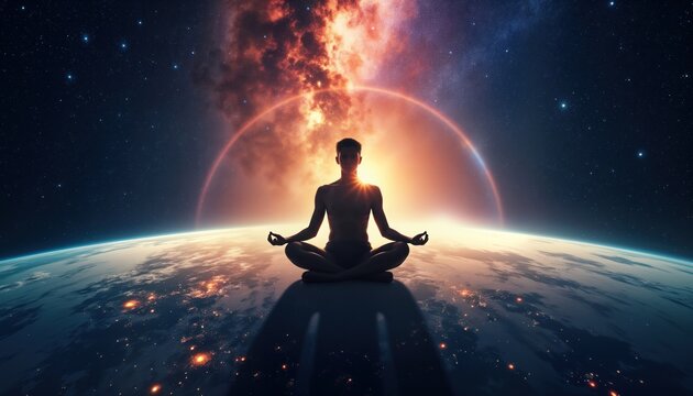 Silhouette of person meditating in cosmic yoga pose above planet Earth. Peaceful interstellar meditation technique. Person focused on cosmos. Calmness, harmony. Aerial view of universe, planet.