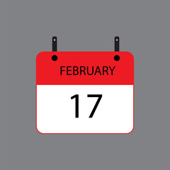 Calendar icon with February 17 date on grey background. Vector schedule symbol.
