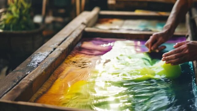 An artisanal fabric dyeing process featuring vibrant colors and hands-on craftsmanship. The image captures the intricate blend of natural dyes and fabrics, showcasing traditional textile artistry