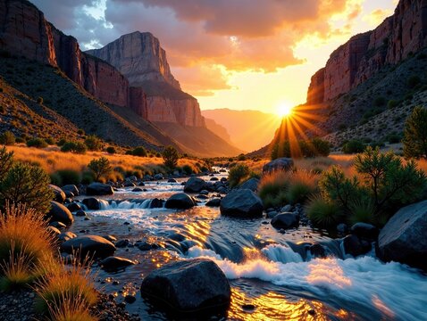 Golden Hour Rio Grande Gorge Taos, Breathtaking Landscape, Serene Atmosphere, Depth of Field,  AI Photo