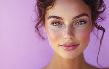 Naklejka premium Close-up portrait of a young woman with freckles and blue eyes, smiling softly against a lavender background.