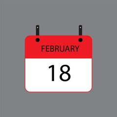 Calendar icon with February 18 date on grey background. Vector schedule symbol.