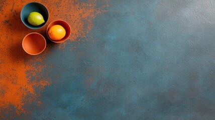 Three Colorful Bowls with Lemon and Orange on Rustic Blue and Orange Background