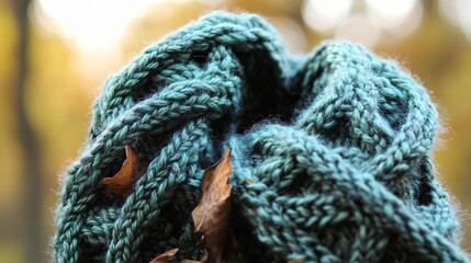Close-up Teal Knitted Wool Texture with Autumn Leaves