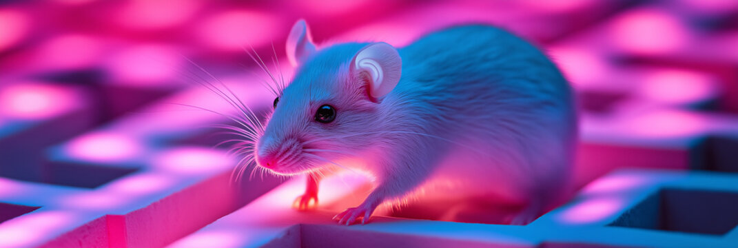 Mouse navigating neon maze with vibrant pink and blue lighting