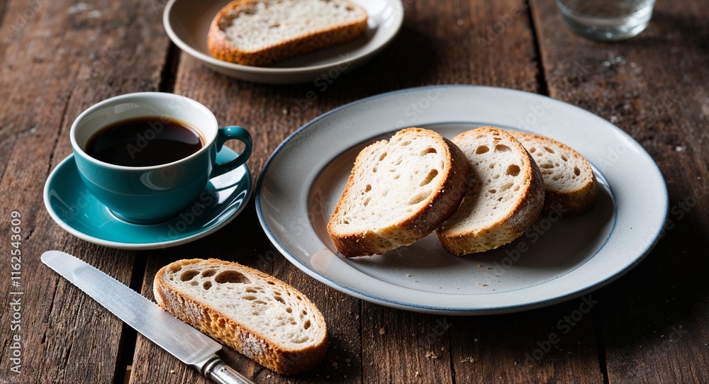 Poster a rustic table setting with a coffee cup and a slice of homemade bread