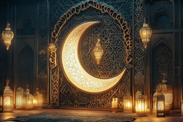 Obraz premium Decorative Ramadan Kareem Greeting Card with Detailed Crescent Moon, Illuminated Lanterns, and Arabesque Patterns