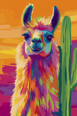 Naklejka premium Colorful llama portrait against vibrant sunset and cactus scene