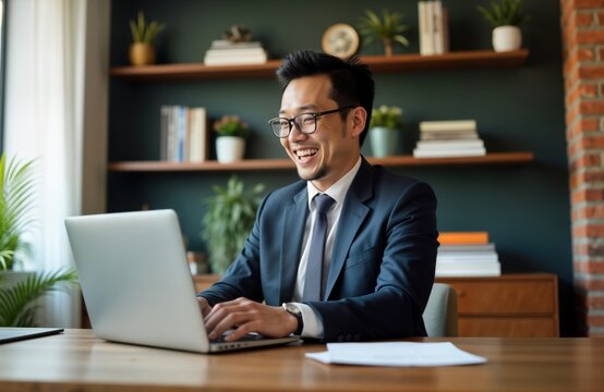 Asian businessman working on laptop in office. Successful male executive in suit smiles typing on computer. Modern office setting with bookshelves. Pro man looks focused, confident during business