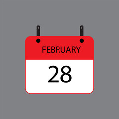 Calendar icon with February 28 date on grey background. Vector schedule symbol.