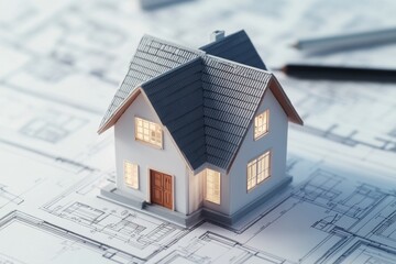 Small house model on blueprints with architectural drawings and design tools, web banner layout with copy space