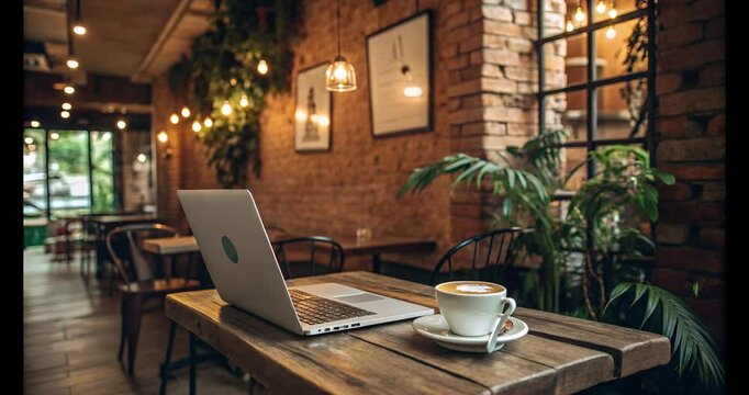 : cozy cafe atmospher a laptop with a cup of coffe smoke.