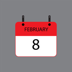 Calendar icon with February 8 date on grey background. Vector schedule symbol.