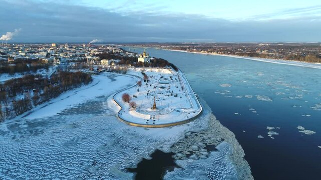 View of the Volga and Kotorosl arrow on a January day (aerial video). Yaroslavl, Russia