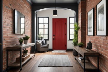 industrial Foyer Design With Red Brick Accent Wall