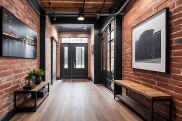 Fototapeta premium industrial Foyer Design With Red Brick Accent Wall