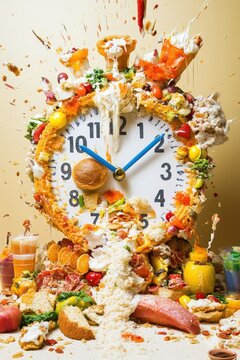 Food waste exploding from clock showing time running out