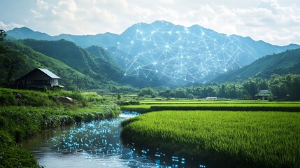 Fototapeta premium Tranquil Landscape with a Modern Network Visualization Over Lush Rice Fields and Mountainous Backdrop, Showcasing Harmony Between Nature and Technology