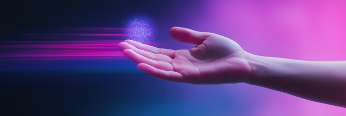Fototapeta premium A hand is holding a glowing object, possibly a crystal or a piece of technology. The image has a futuristic and mysterious feel to it, with the glowing object appearing to be almost otherworldly