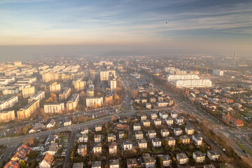 Winter day with a lot of smog in Opole. You can see dark layers with smog.