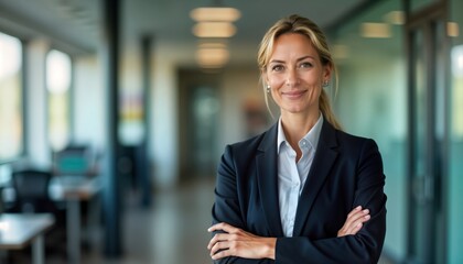 Fototapeta premium Confident mature businesswoman stands in modern office hallway. Looks directly at camera with arms crossed. Successful female executive in pro attire. Strong leadership qualities. Modern business
