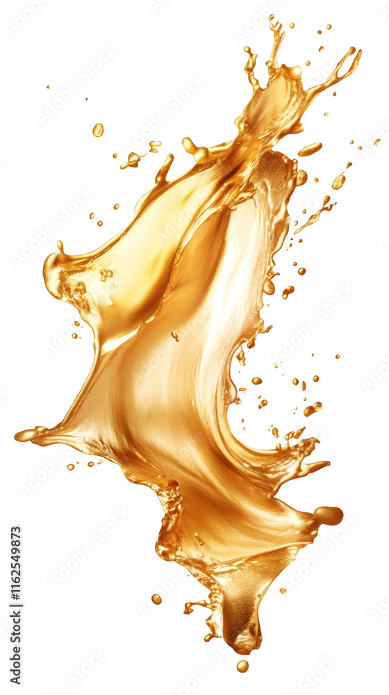 Poster sparkling golden liquid arching gracefully, creating elegant curve against transparent backdrop, per