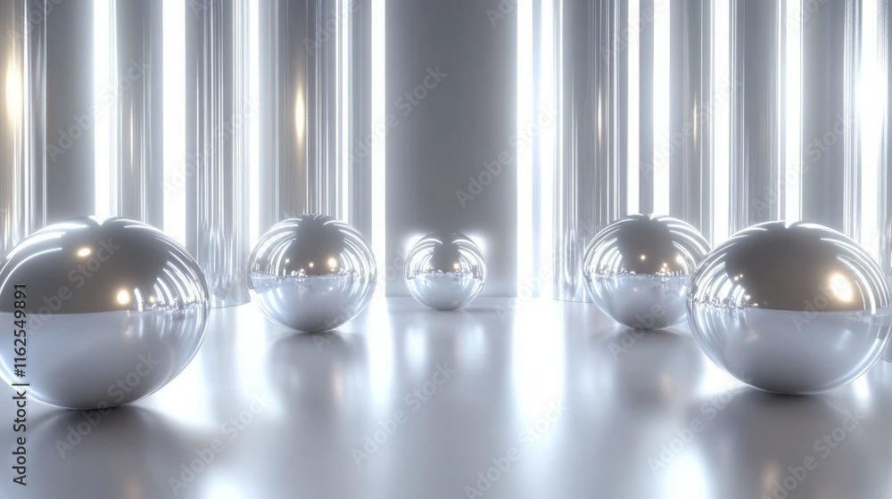 Poster reflective metallic spheres in minimalist abstract space with bright light columns