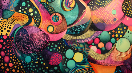 Scribbled patterns in multicolored ink for an artistic abstract, background with circles