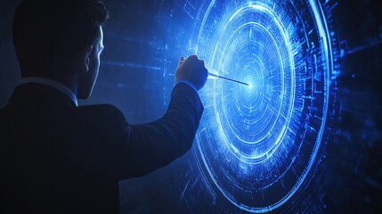 Businessman Interacting with Futuristic Digital Interface in Dark Space