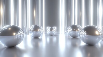 Reflective metallic spheres in minimalist abstract space with bright light columns