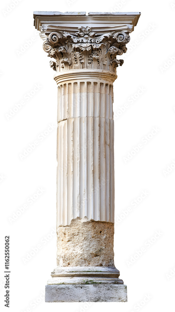 Poster architectural detail of an ancient white marble column with capital and fluted shaft on transparent 