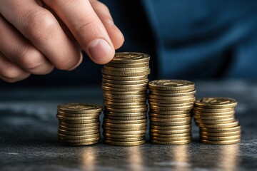 Hand Stacking Gold Coins, Concept of Wealth, Investment, Finance, and Success