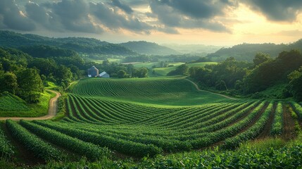 Sunlit farmland, rolling hills, green crops, farm house, sunset sky.