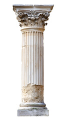 Fototapeta premium Architectural detail of an ancient white marble column with capital and fluted shaft on transparent background, ideal for photobashing and image compositions