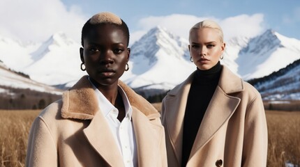 Two striking models pose together in a magnificent winter landscape, showcasing their stylish coats against a backdrop of majestic snow-capped mountains under a bright blue sky