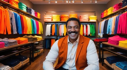 Fototapeta premium A cheerful man in an orange vest sits proudly in an inviting apparel shop filled with an array of colorful clothing. Shelves showcase vibrant garments, creating a lively atmosphere