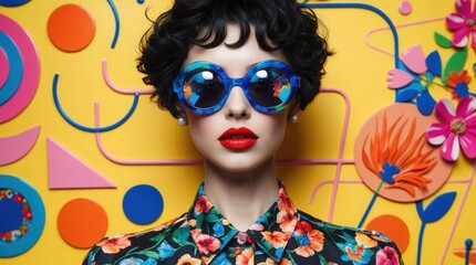 Fototapeta premium A stylish figure showcases a bold floral ensemble paired with striking oversized sunglasses, surrounded by an explosion of vivid colors and playful patterns that enhance the energetic atmosphere