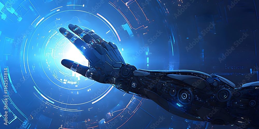 Poster robotic hand interacting with futuristic digital interface. (4)