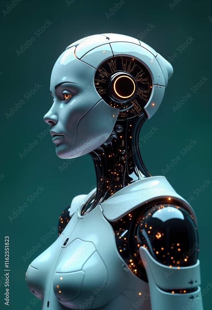Poster futuristic robot woman profile. ai robot in cyber world. modern design. details of futuristic roboti