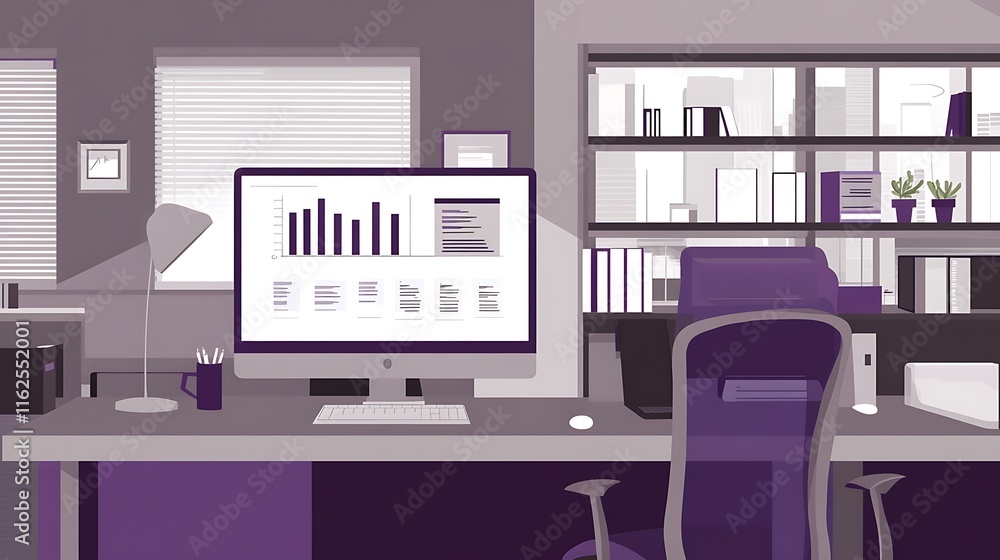 Poster modern office workspace featuring computer and bookcase