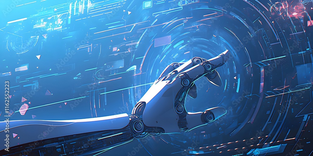 Poster robotic hand interacts with futuristic digital interface.