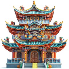 Vibrant 3D Render of a Traditional Chinese Pagoda with Intricate Details and Dragon Ornaments.