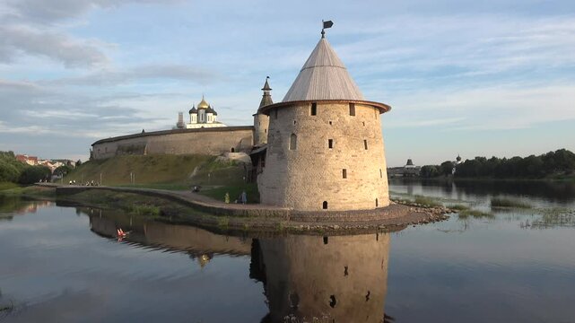 Flat tower close-up on a Sunny July evening. Pskov, Russia