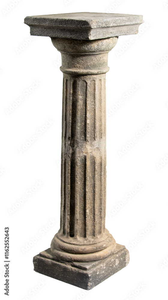 Poster Architectural detail of an ancient weathered stone column with fluting and abacus, isolated on transparent background