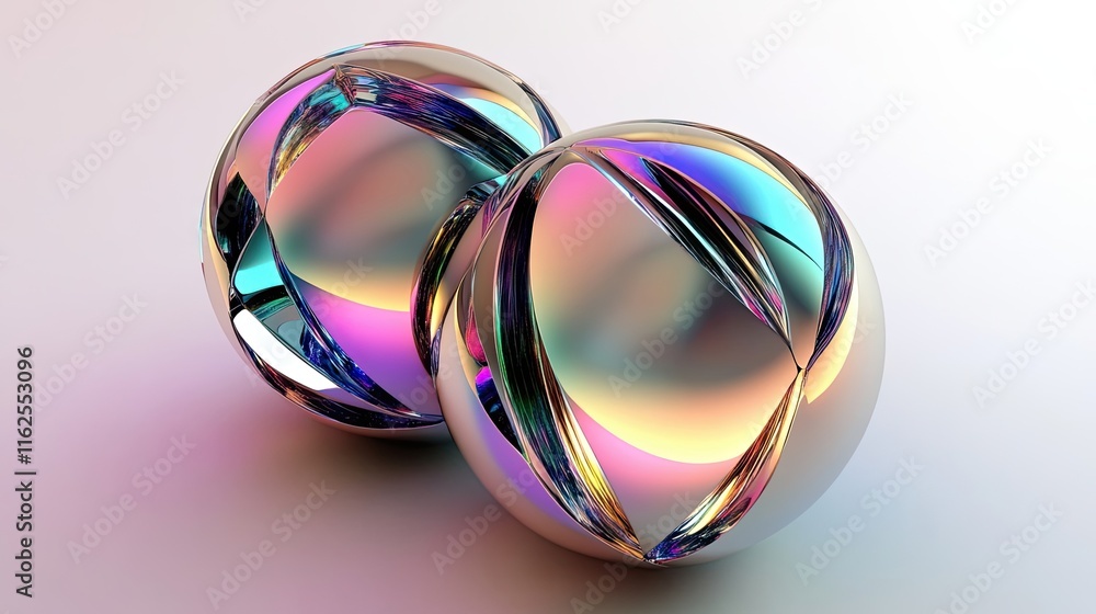 Poster two iridescent spheres rest on a pale background