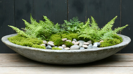 Serene stone bowl garden with lush ferns, moss, and smooth grey stones. Perfect for zen garden, minimalist decor, or nature-inspired designs.